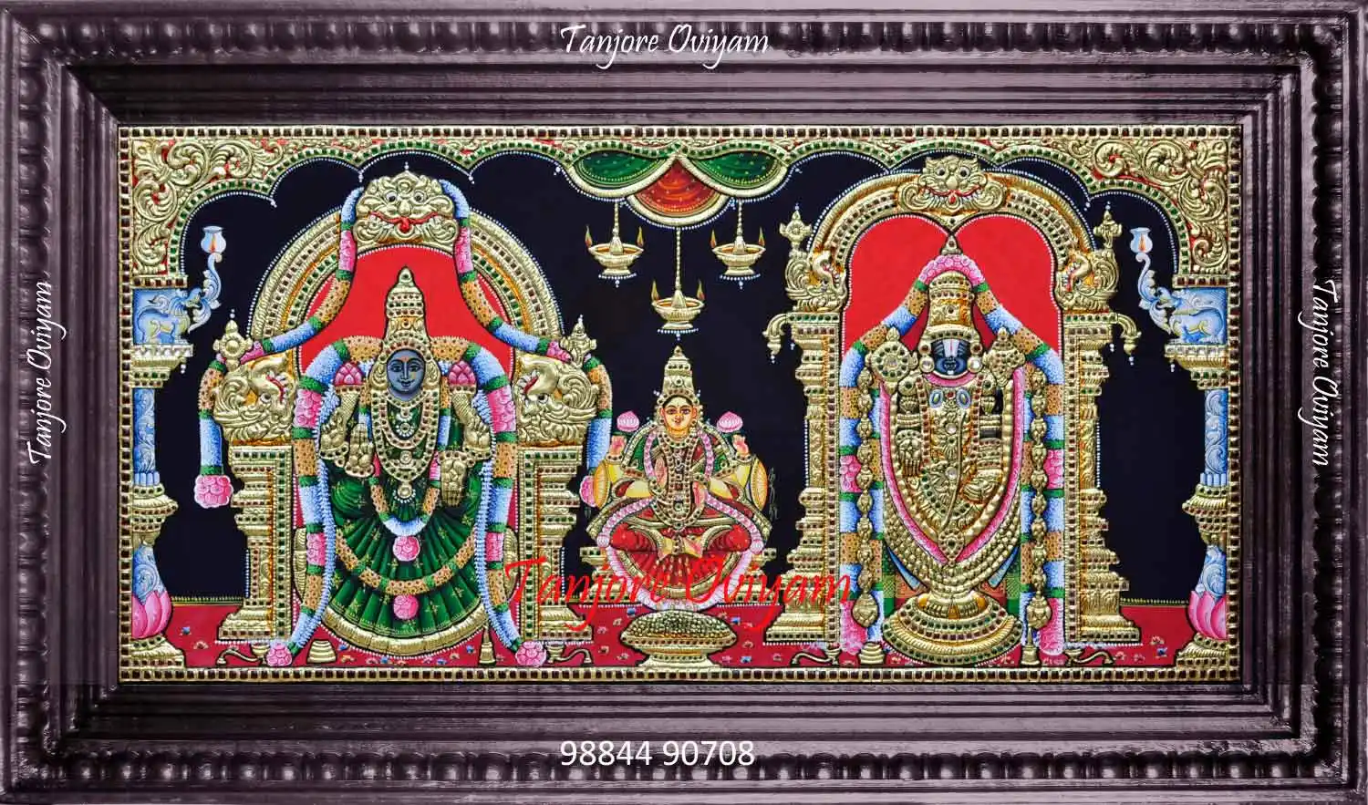 Thayar Balaji with Lakshmi Tanjore painting featuring gold work, traditional temple arches and prosperity symbolism